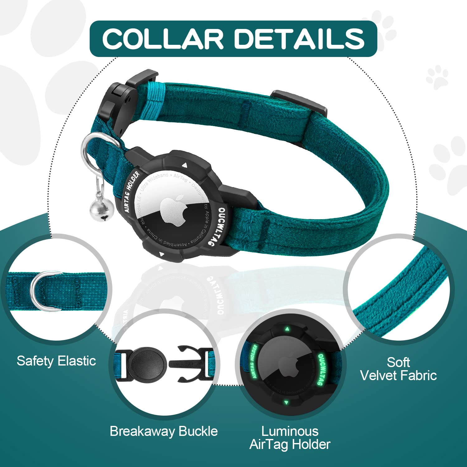 OUCWLTAG Soft velvet cat collar for comfortable wear and less irritation.