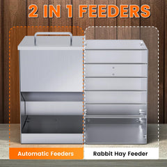 OUJIMAI 3-in-1 feeder dispenses hay and dry food for small pets.
