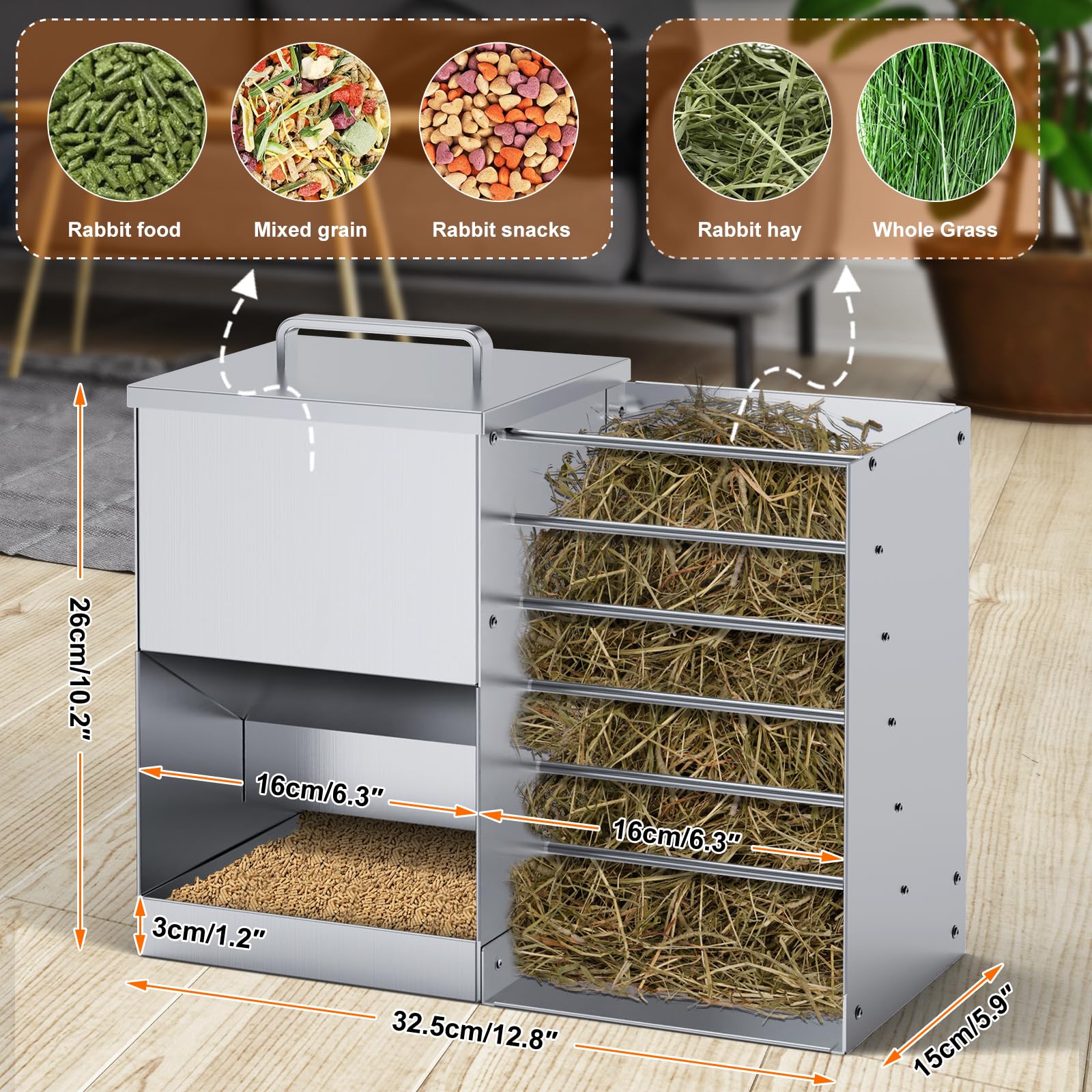 OUJIMAI stainless steel rabbit feeder with clips for secure mounting.