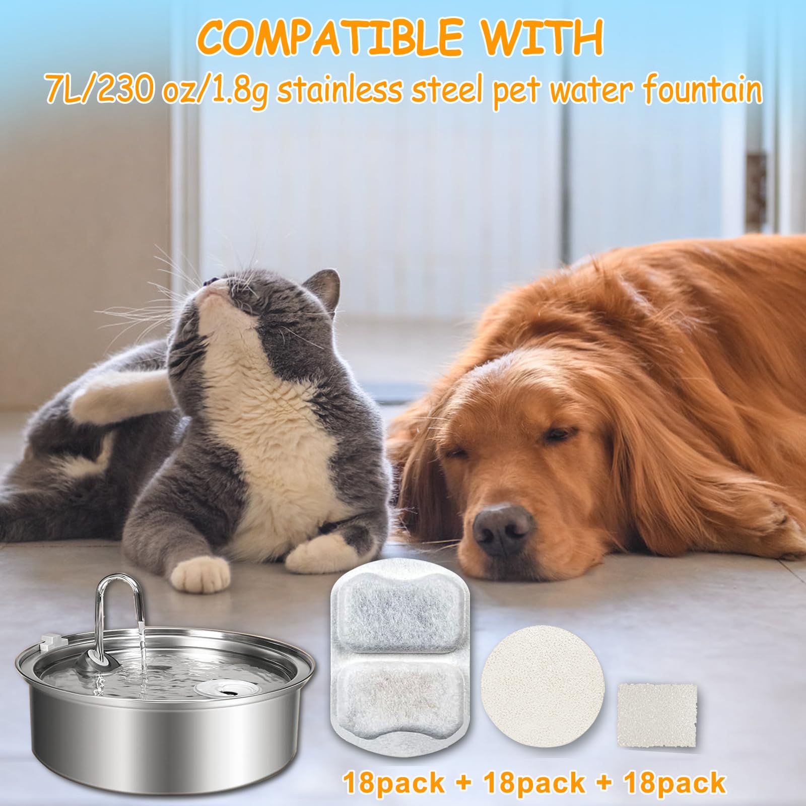 OUPUSES activated carbon filter close-up, reducing odors and improving taste for pets.