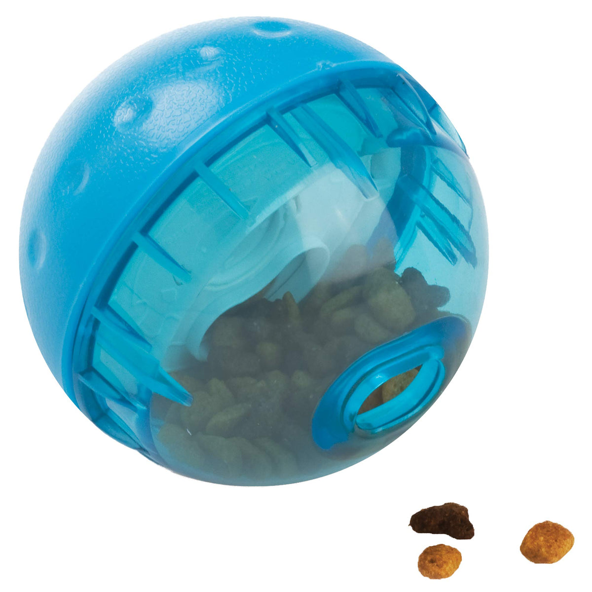 Our Pets IQ Treat Ball 4-inch close-up shows treat-dispensing action increasing dog engagement.