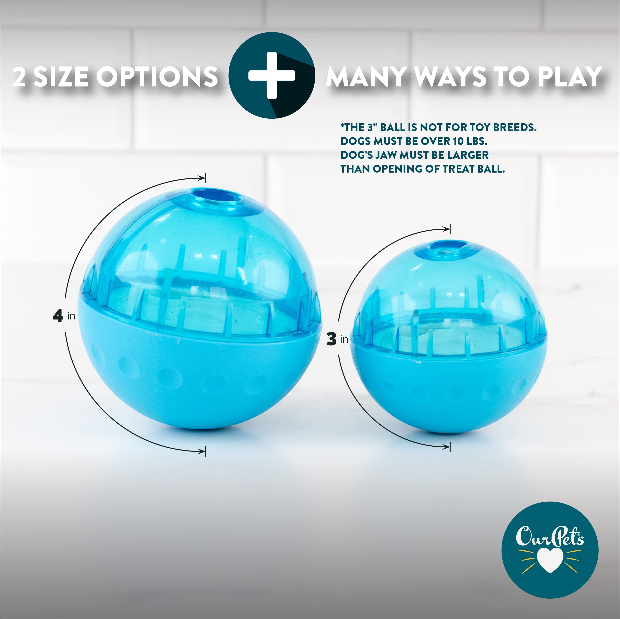 Our Pets IQ Treat Ball 4-inch slow-feed design promotes extended play.