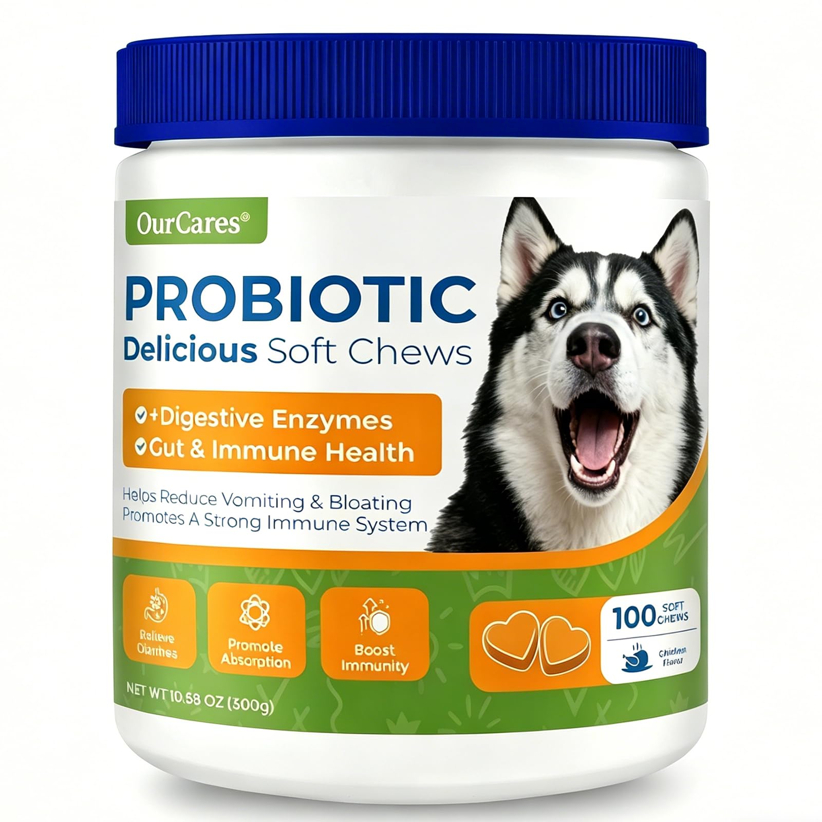OurCares Probiotics for Dogs bottle front showing a tasty chew for digestive support.
