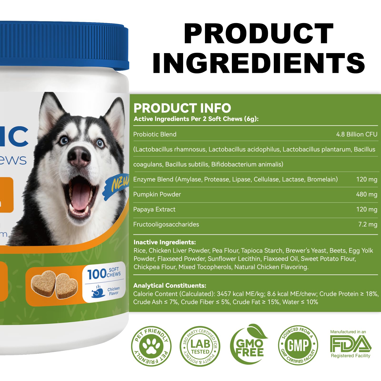 OurCares Probiotics for Dogs pumpkin powder visual emphasizes natural soothing botanicals.