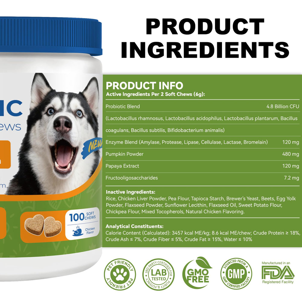 OurCares Probiotics for Dogs pumpkin powder visual emphasizes natural soothing botanicals.