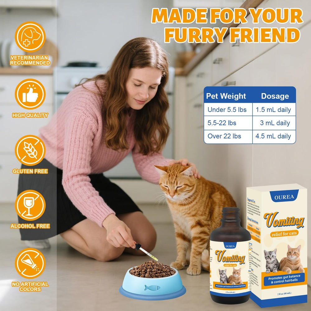 Ourea Cat Hairball Reduction visual suggesting smoother digestion over time.