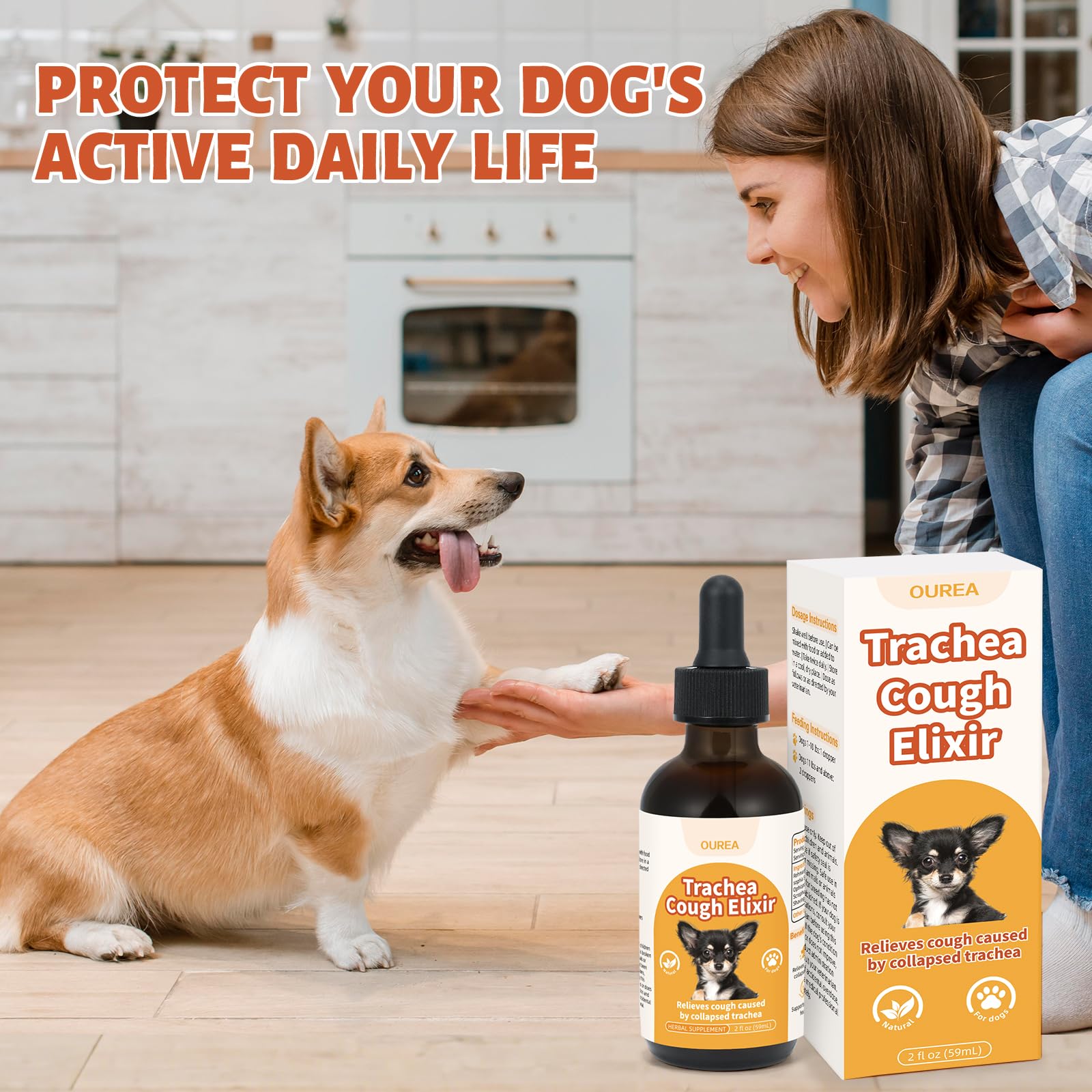 Ourea Collapsed Trachea Drops dropper showing precise dosing for small breeds.