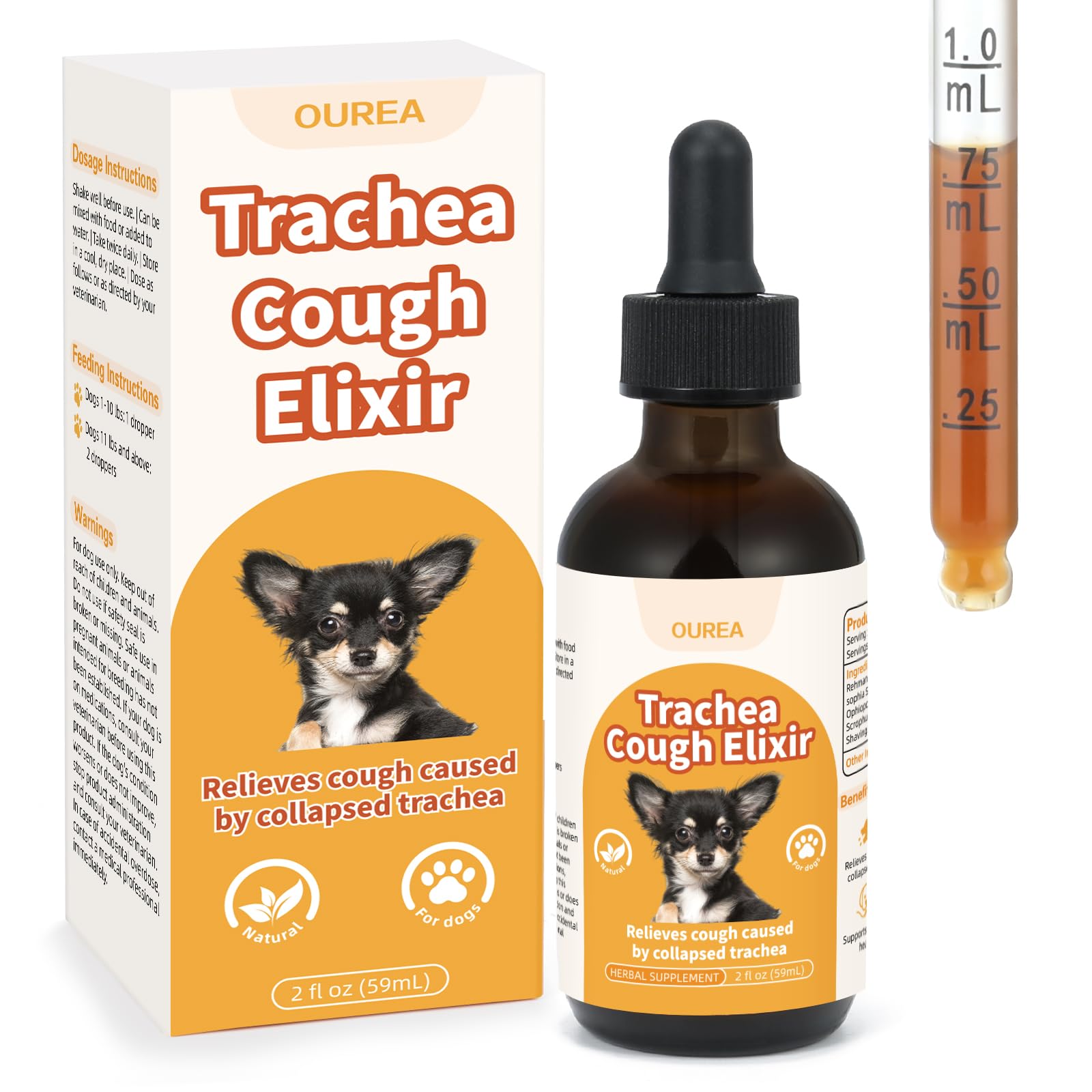 Ourea Collapsed Trachea Drops bottle with measurement markings for accurate dosing.