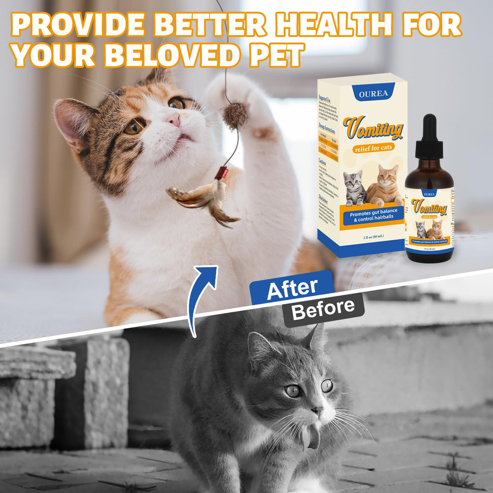 Ourea Cat Vomit Relief Drop keratinase component aiding hairball management.