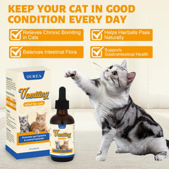 Ourea Cat Vomit Relief Drop ingredient label featuring taurine and FOS benefits.