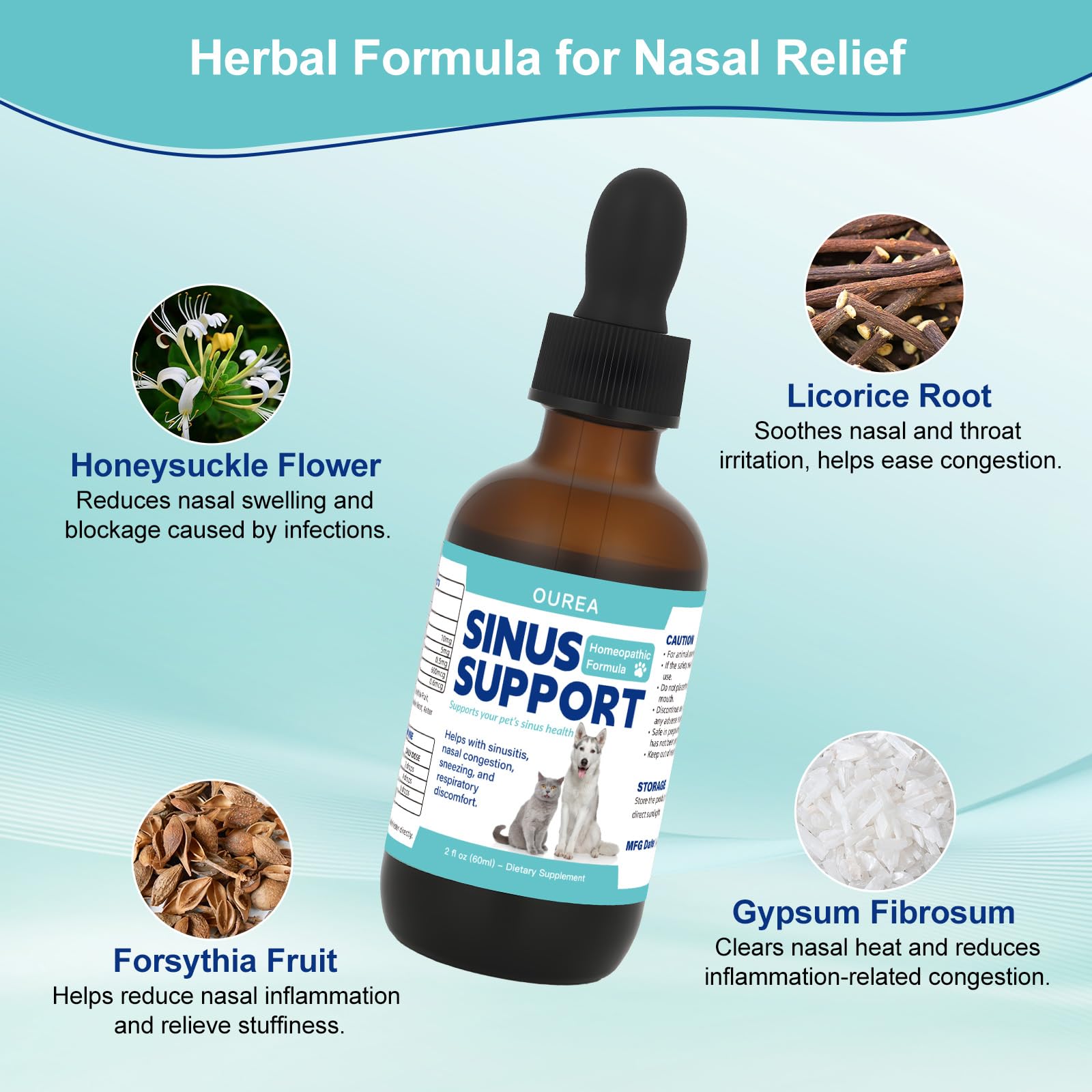 Ourea nasal congestion drops ingredients label showing lysine and herbs.