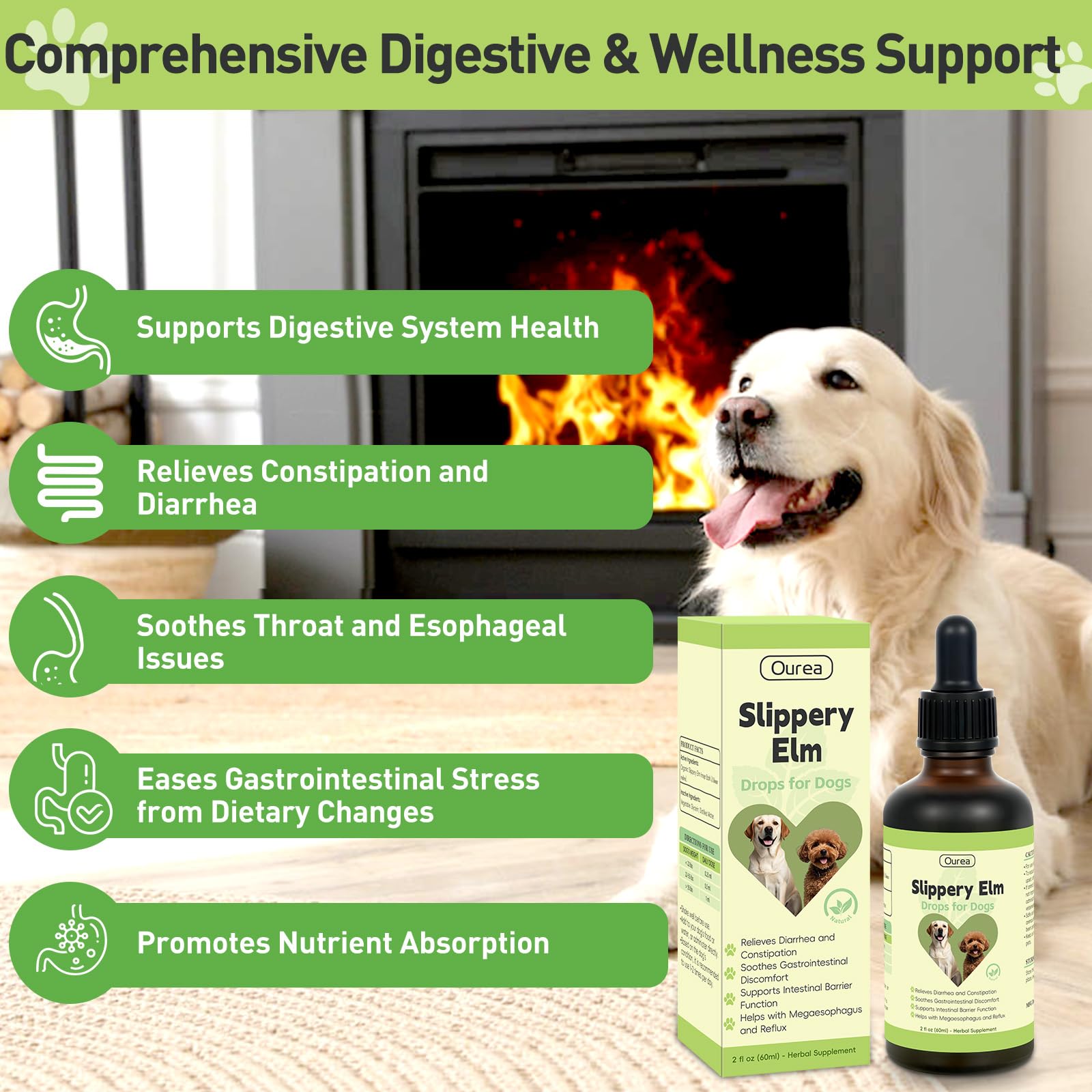 Ourea Slippery Elm Drops bottle with droplet display highlights simple dosing for all breeds.