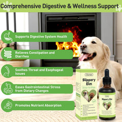 Ourea Slippery Elm Drops bottle with droplet display highlights simple dosing for all breeds.