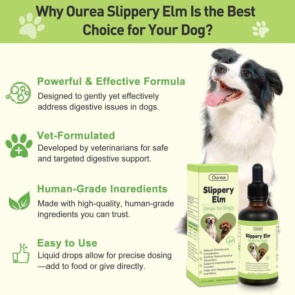 Ourea Slippery Elm Drops ingredient panel highlights three-ingredient pure formulation.