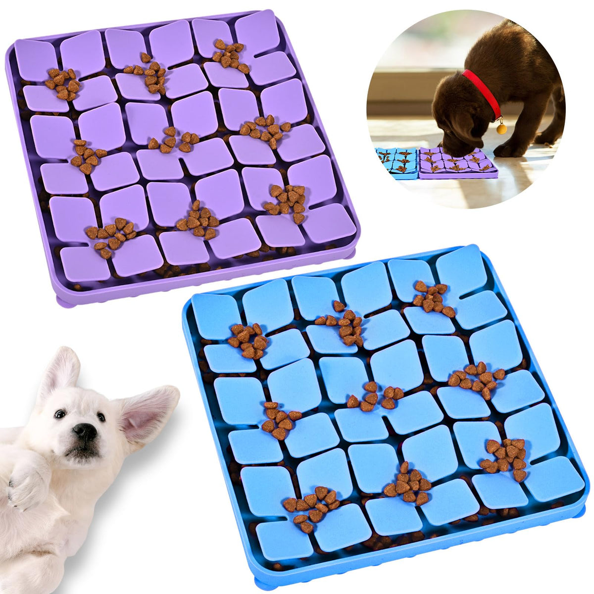 OurMiao blue silicone snuffle mat in use for slow feeding and scent engagement.