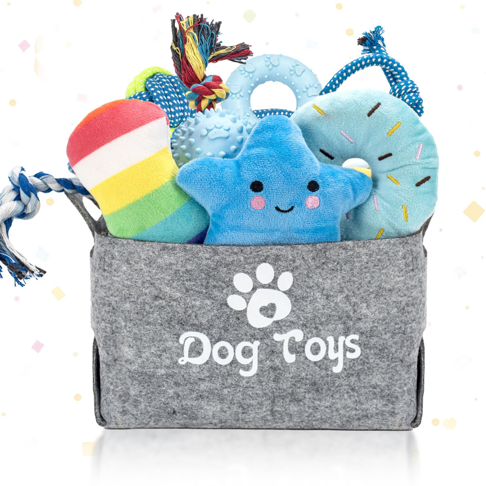 Ousiya puppy teething toys set with storage bin for organized play and easy cleanup.