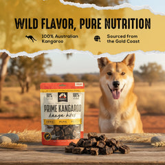 Dog enjoying a Kangaroo Jerky Bite during training session.