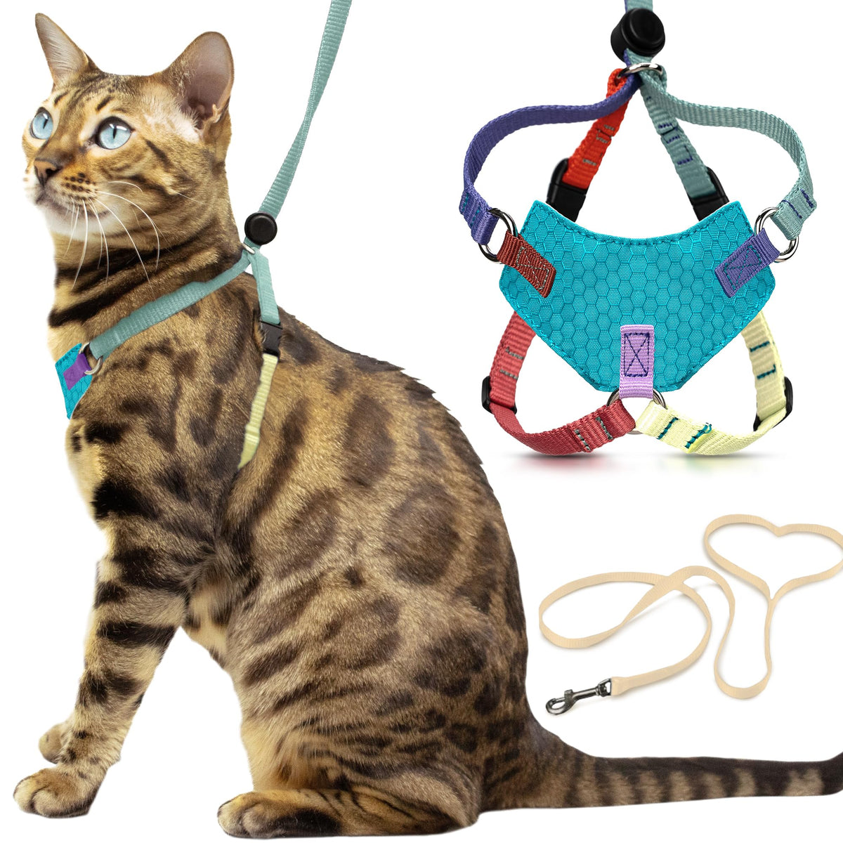 OutdoorBengal Houdini harness front view shows escape-proof fit for safe outdoor adventures.