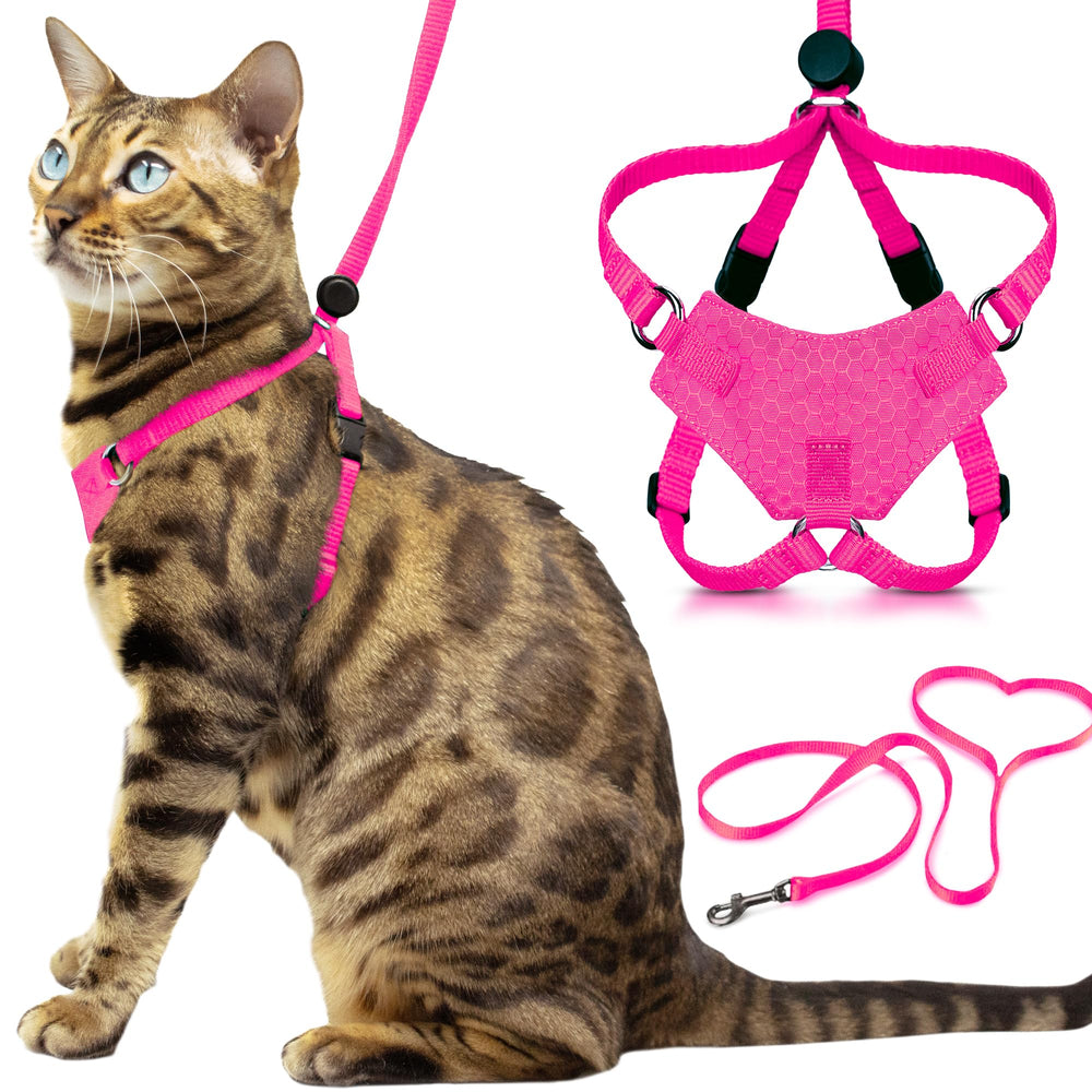 OutdoorBengal Houdini pink harness front view for escape-proof cat walking.