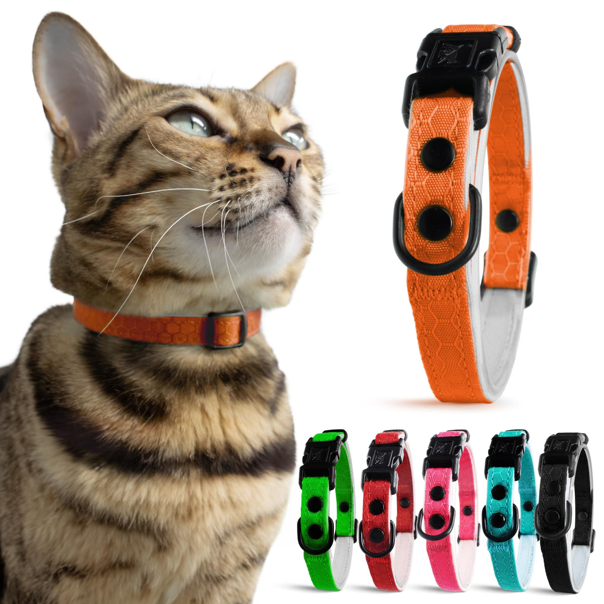 OutdoorBengal Orange Cat Collar Breakaway close-up showing safety-first breakaway feature.