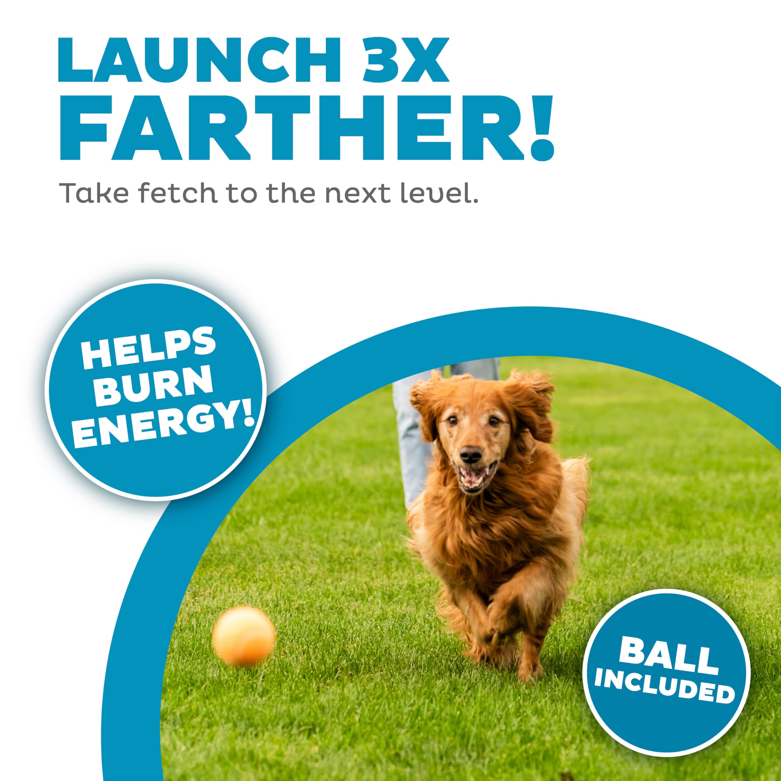 Dog catching ball mid-air with Outward Hound launcher for long-distance fetch.