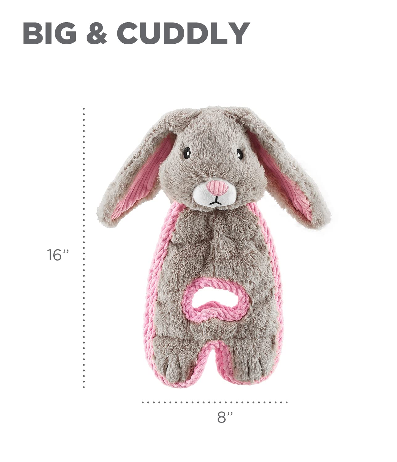 Outward Hound Cuddle Tugs Bunny plush interior with crinkle paper and squeakers for stimulation.