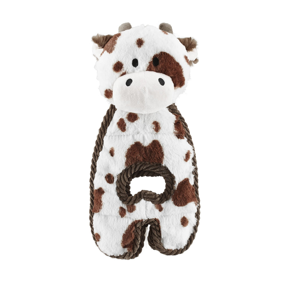 Outward Hound Cuddle Tugs cow plush head squeaker boosts interactive play.