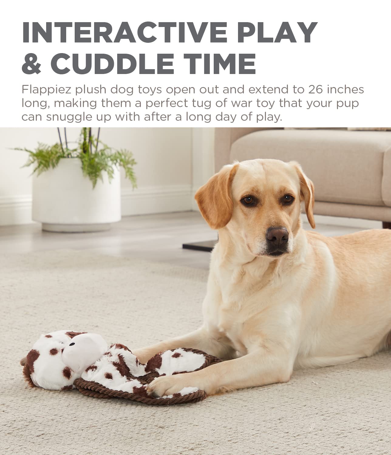 Outward Hound Cuddle Tugs cow plush double stitched seams for durability.