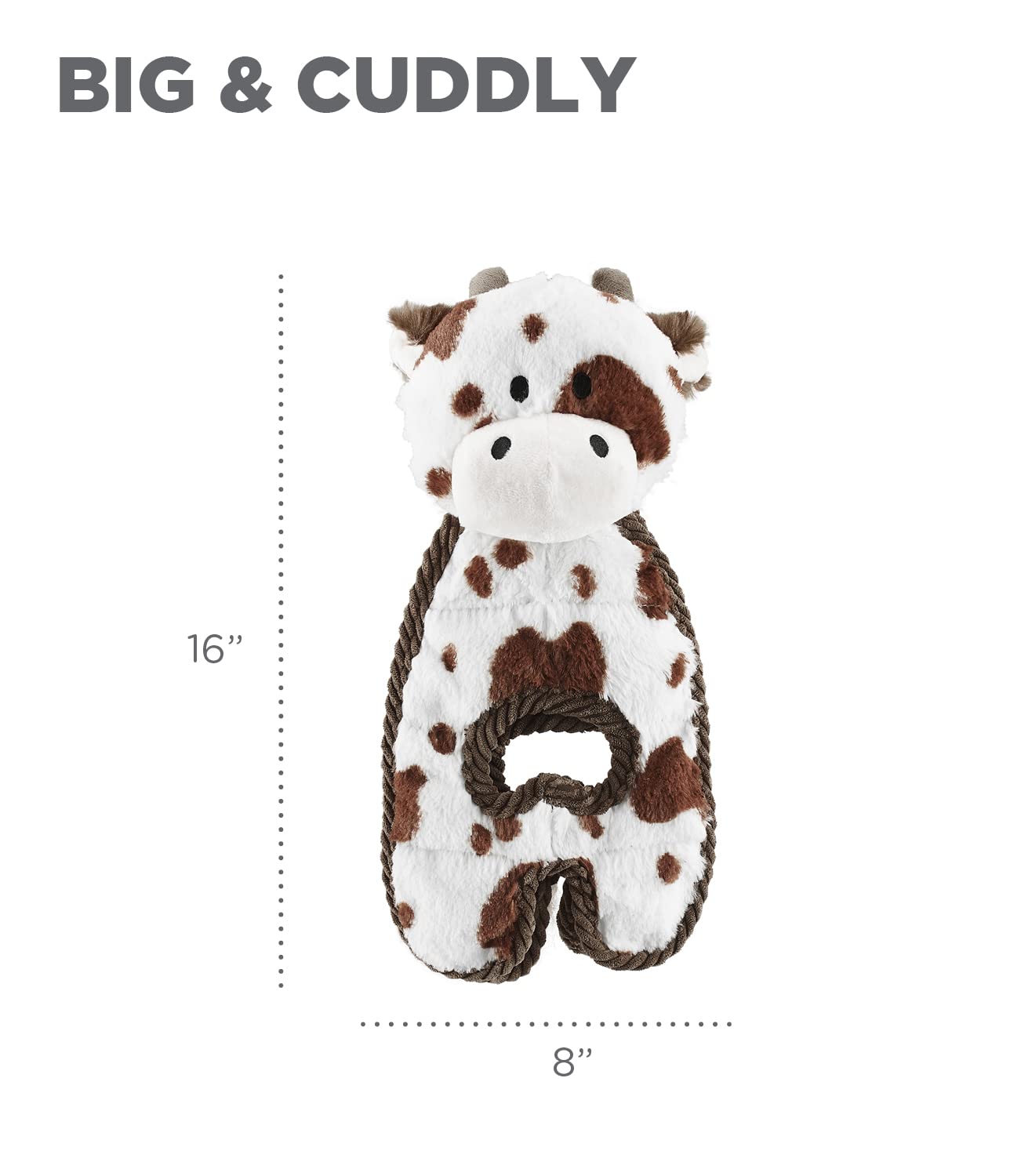 Outward Hound Cuddle Tugs cow plush reinforced backing strengthens durability.