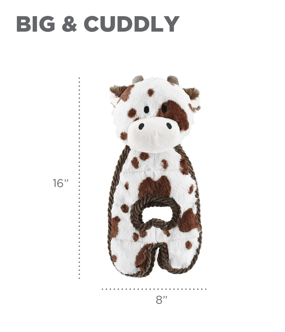Outward Hound Cuddle Tugs cow plush reinforced backing strengthens durability.