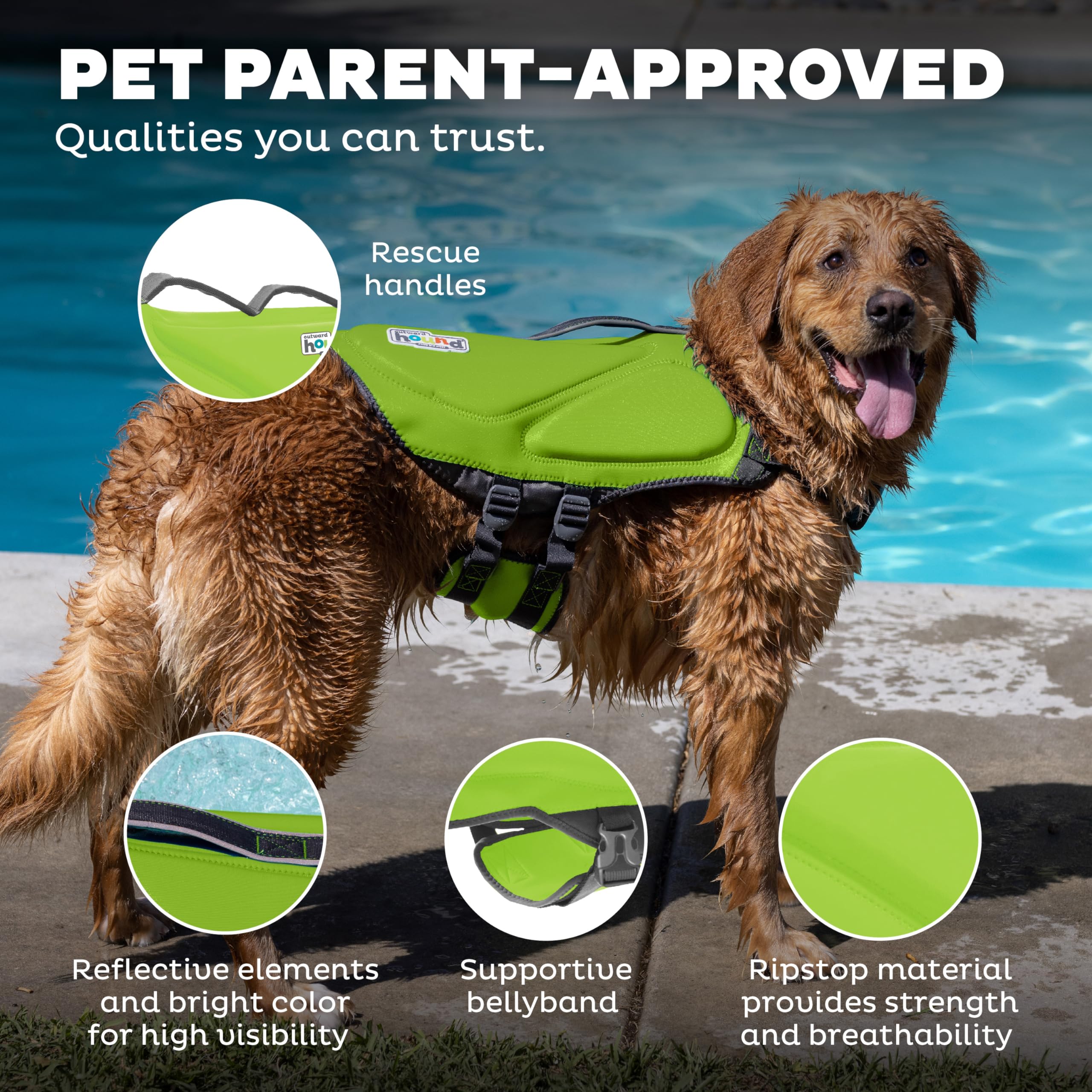 Outward Hound Dawson front float support helps keep the dog's head above water