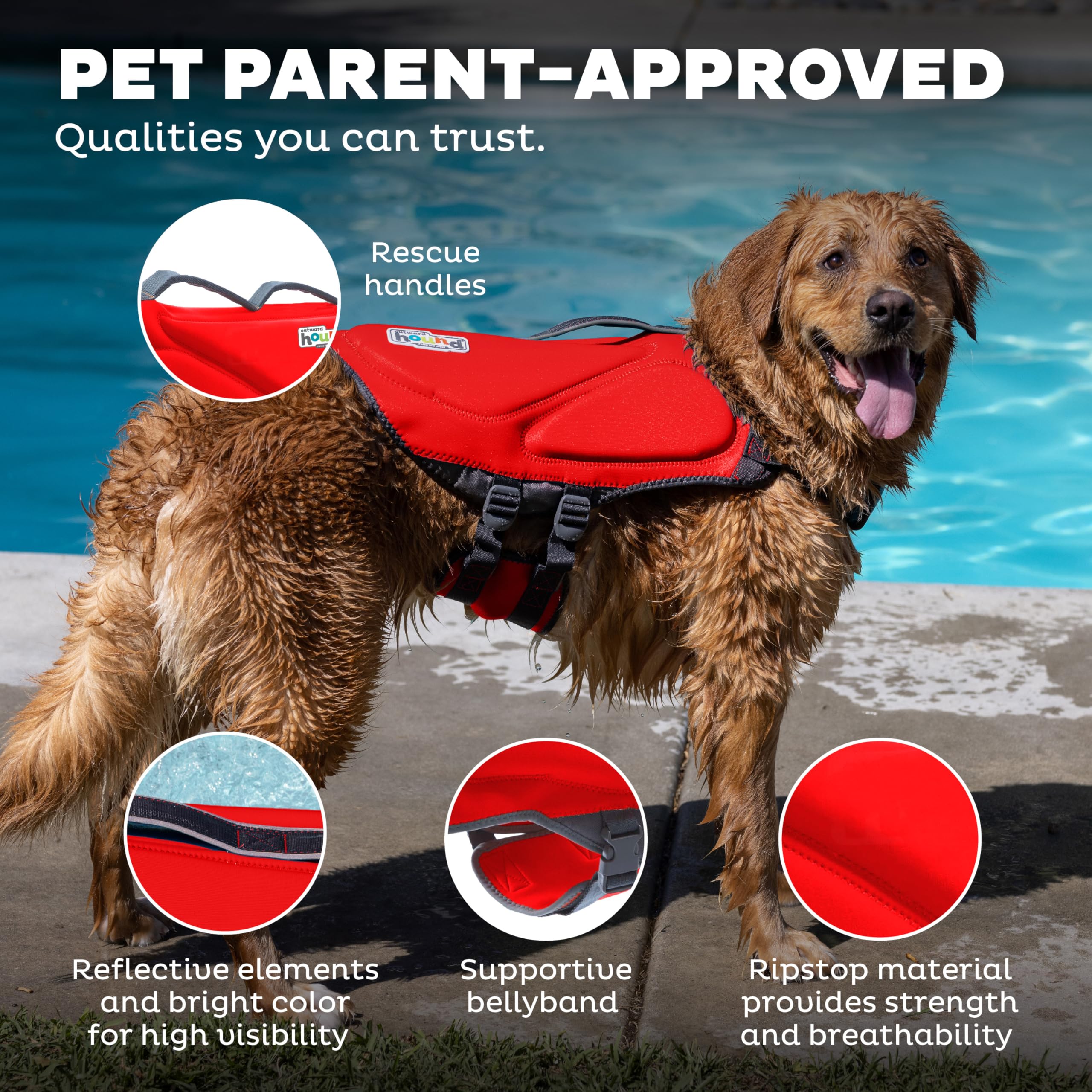 Outward Hound Dawson life jacket showing dual top handles for lifting