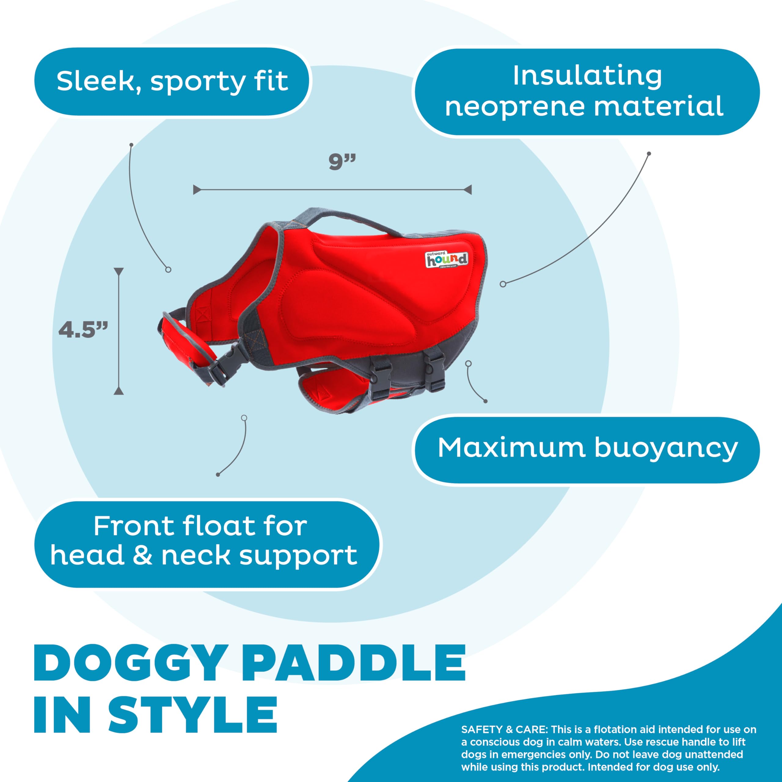 Outward Hound Dawson Swim Red Dog Life Jacket XS top-handle for easy rescue.