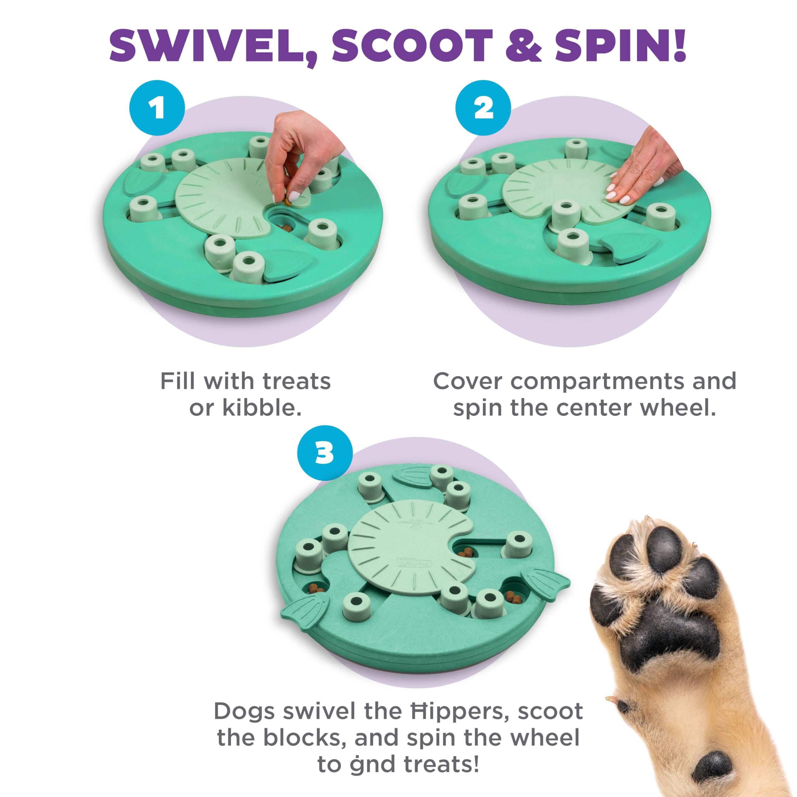 Outward Hound Dog Worker swivel flippers in motion encourage problem-solving and treat finding.