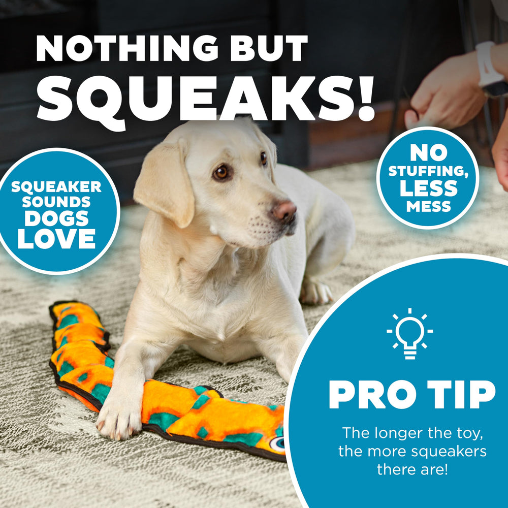 Outward Hound Durablez snake toy squeaker closeup; stuffing-free design reduces mess after play.