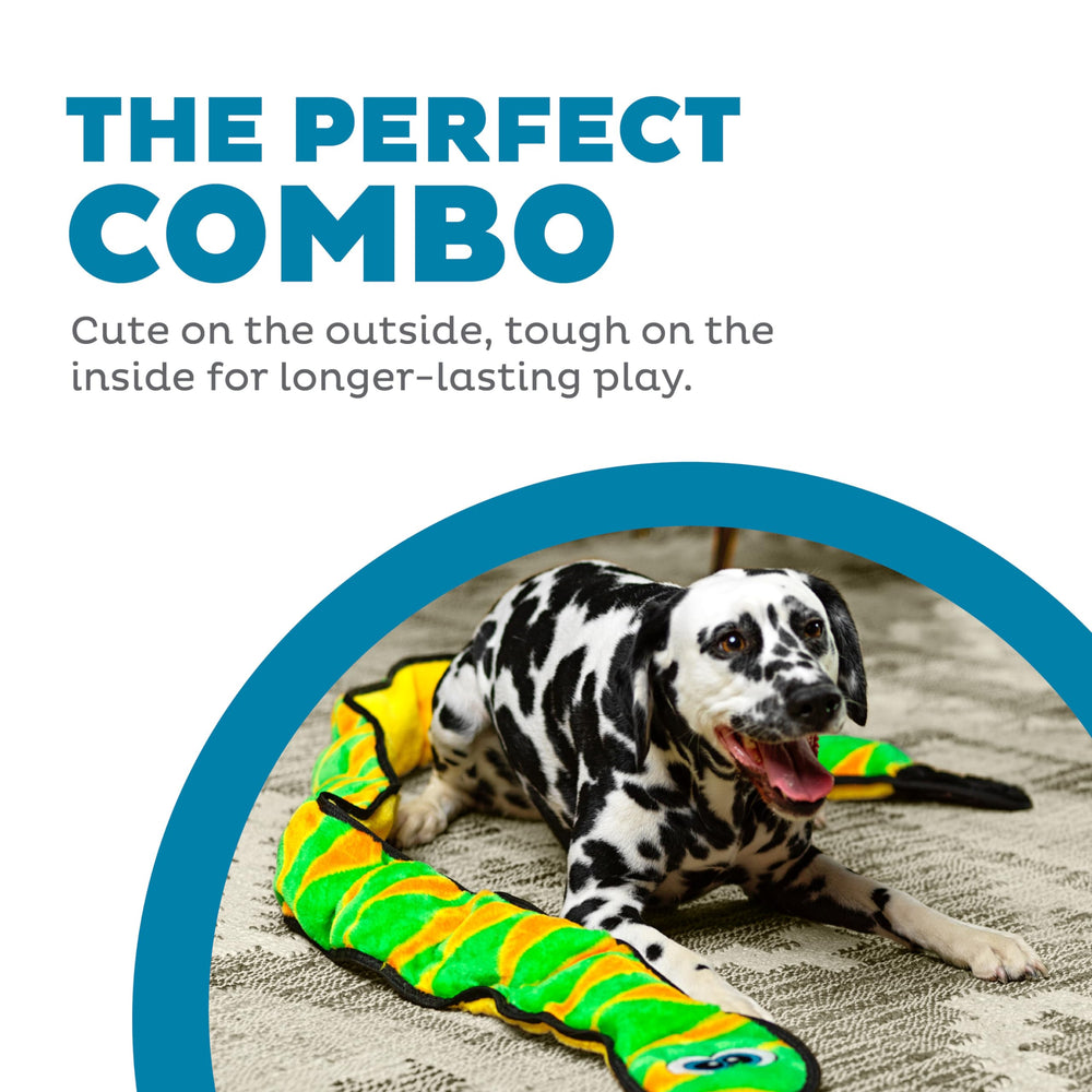 Outward Hound Durablez XXL snake toy close-up squeaker keeps dogs engaged during play.