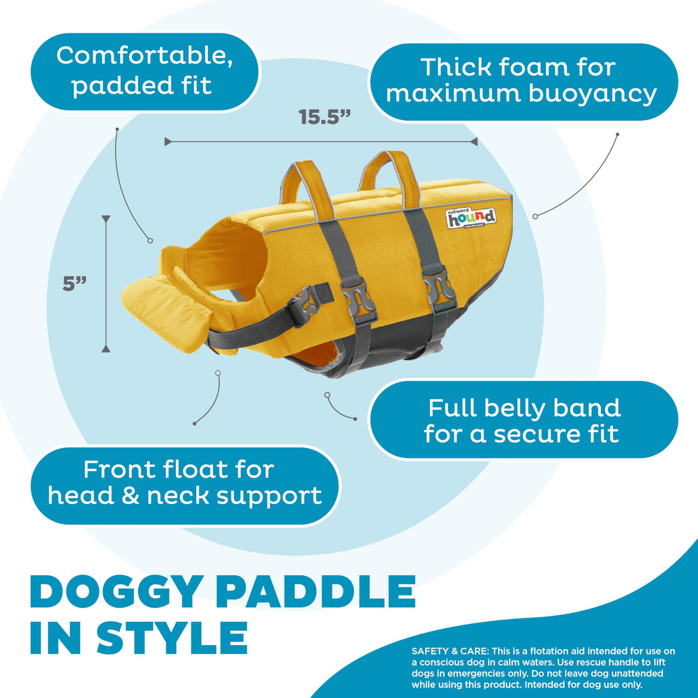 Outward Hound Granby Splash life jacket yellow, adjustable straps with quick-release buckles