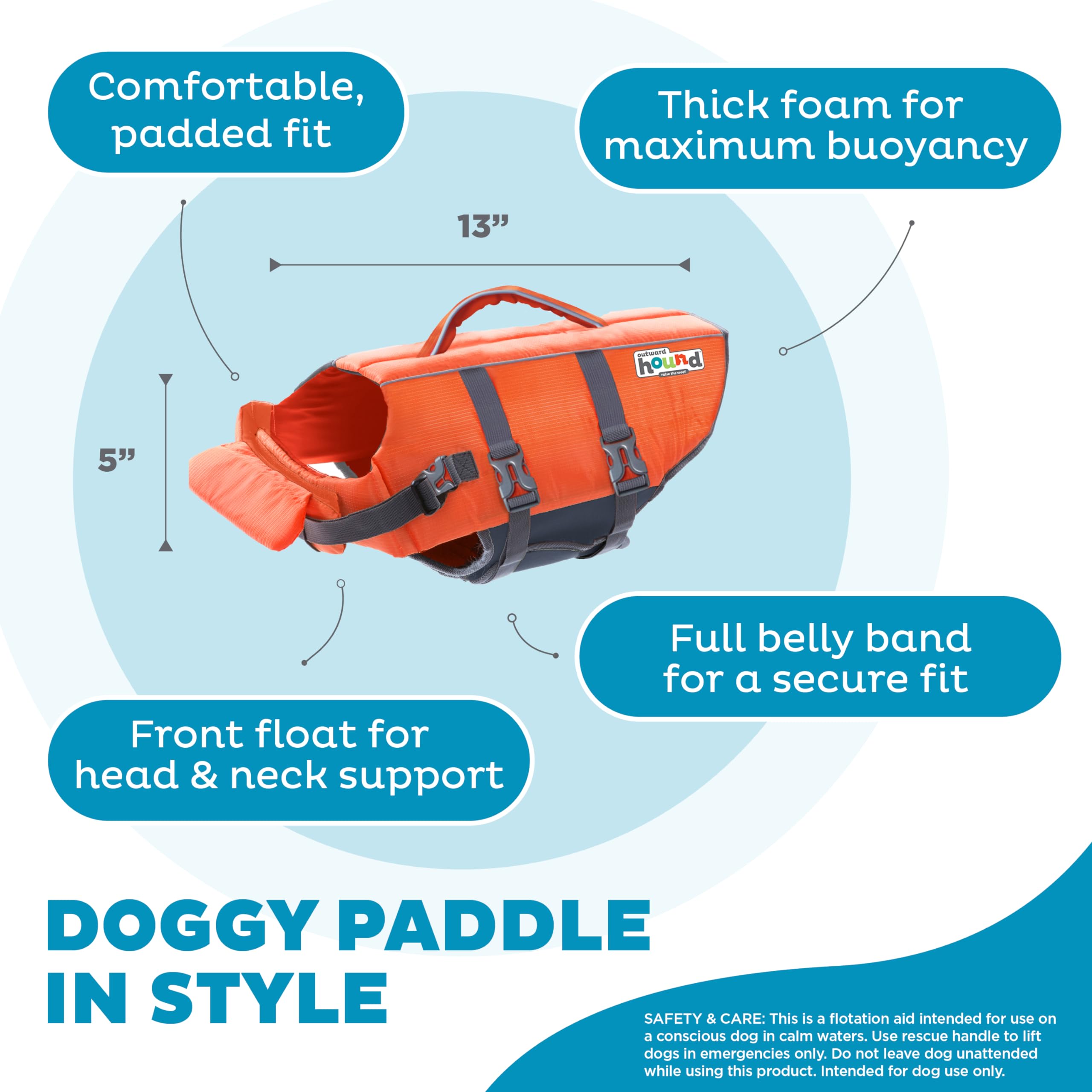 Outward Hound Granby Splash Orange life jacket close-up of rescue top handle.