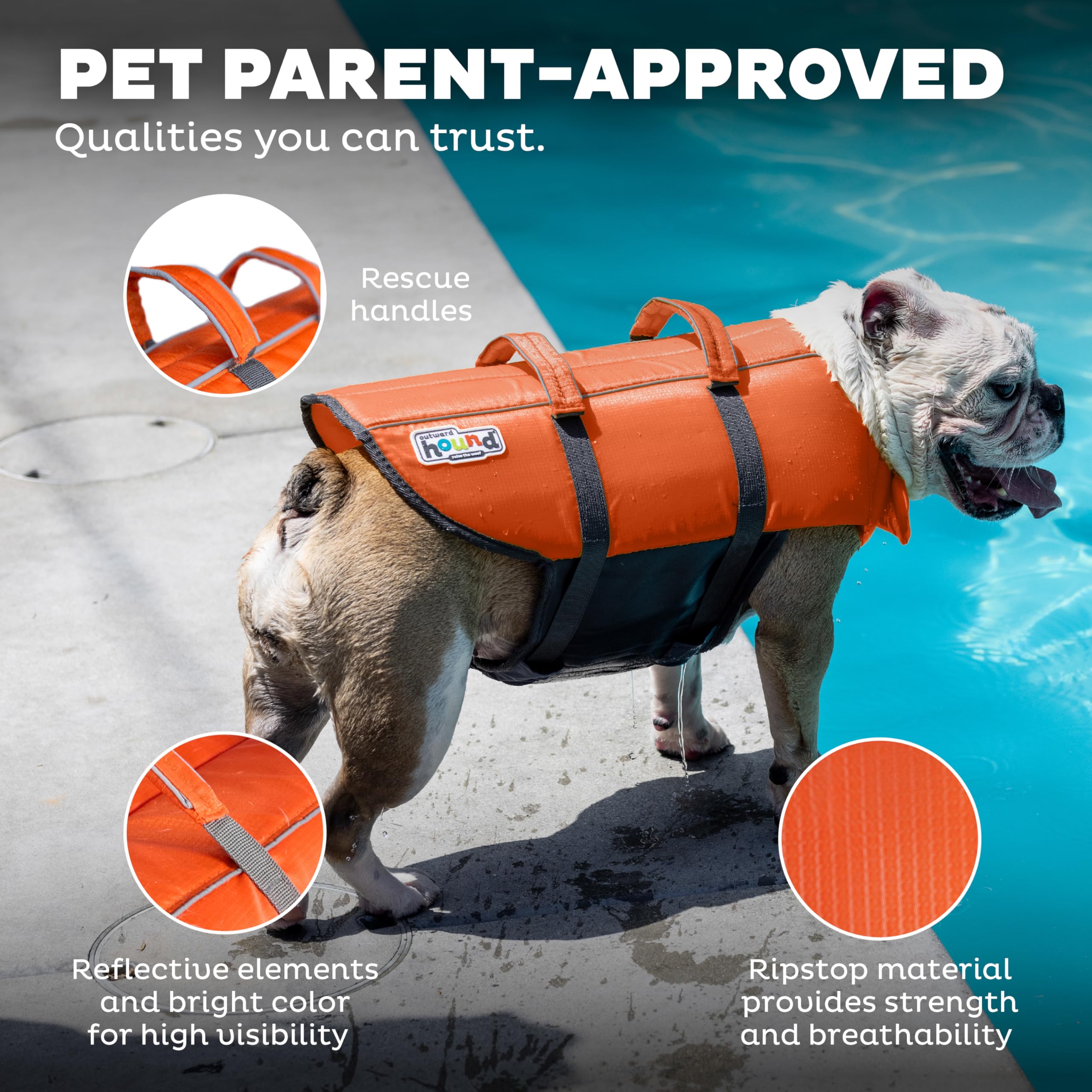 Outward Hound Granby Splash Orange Life Jacket front neck float supports head and neck