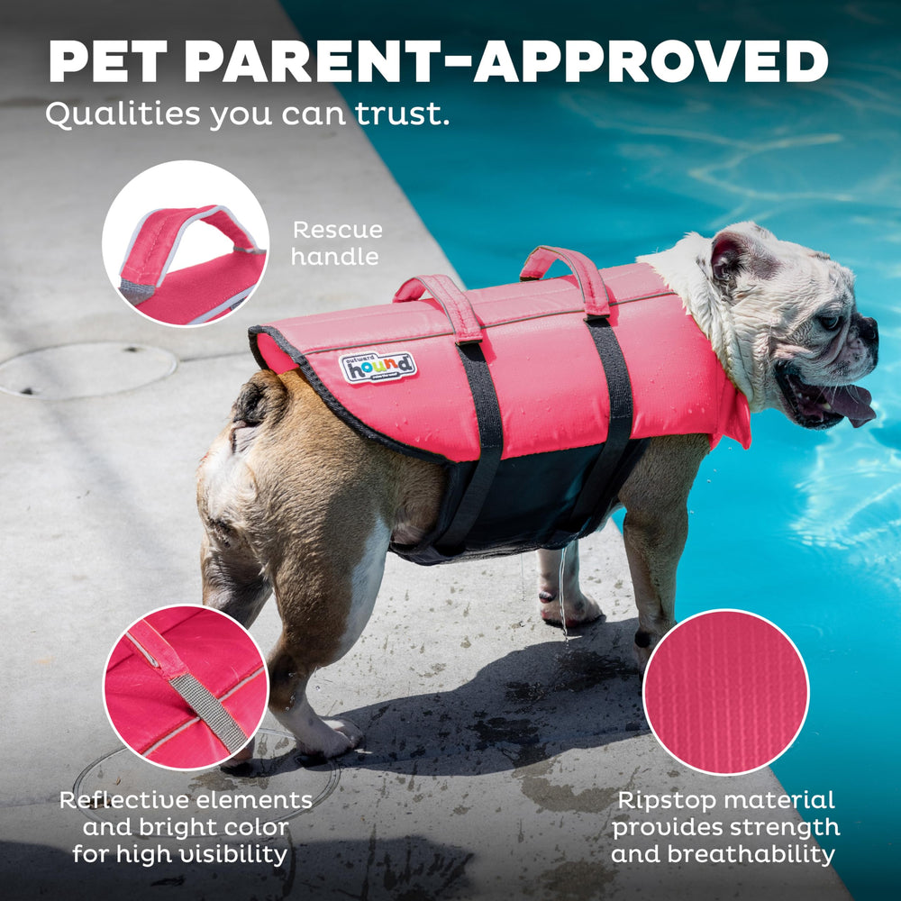 Outward Hound Granby Splash pink life jacket front neck float for head support.