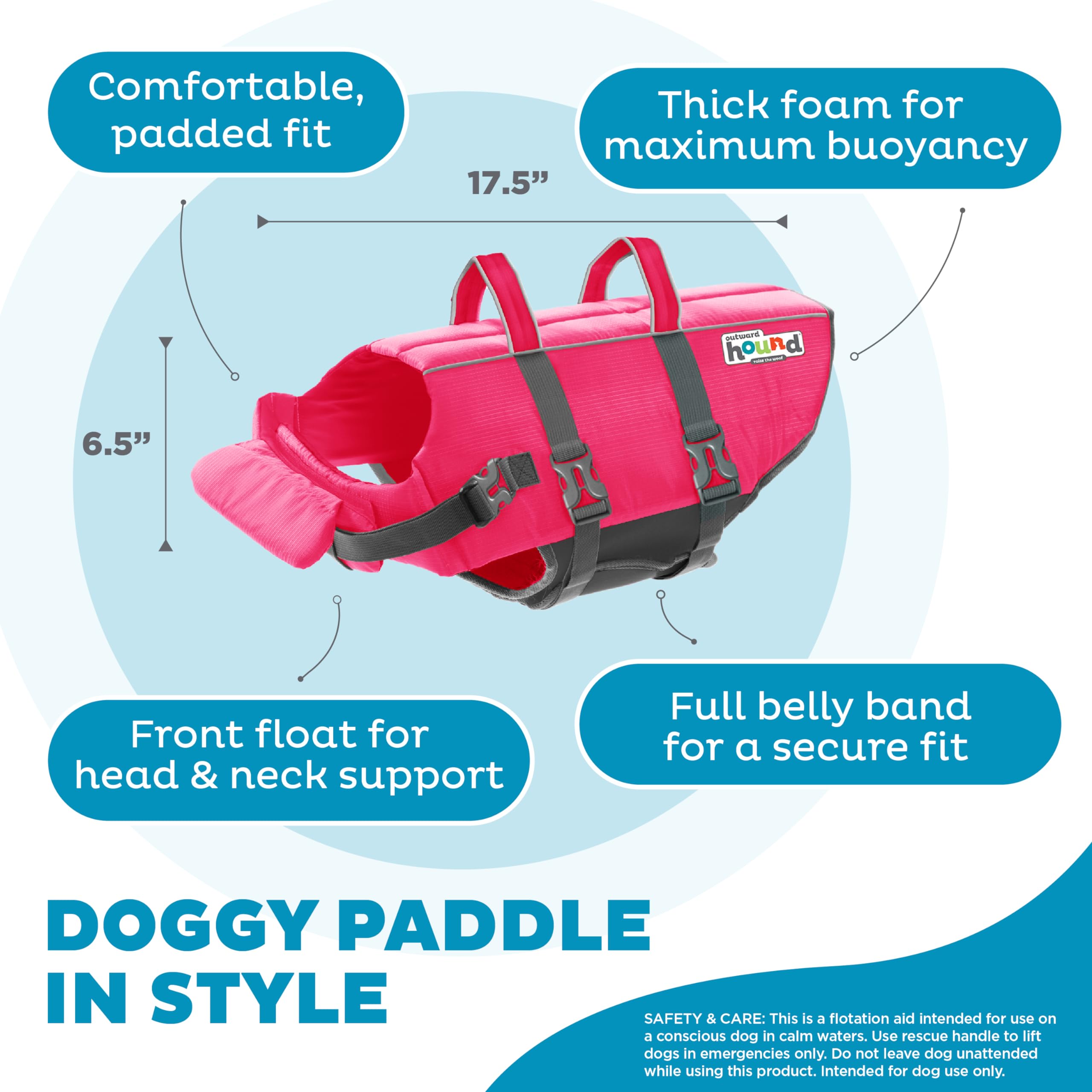 Outward Hound Granby Splash Pink life jacket front neck float provides head support
