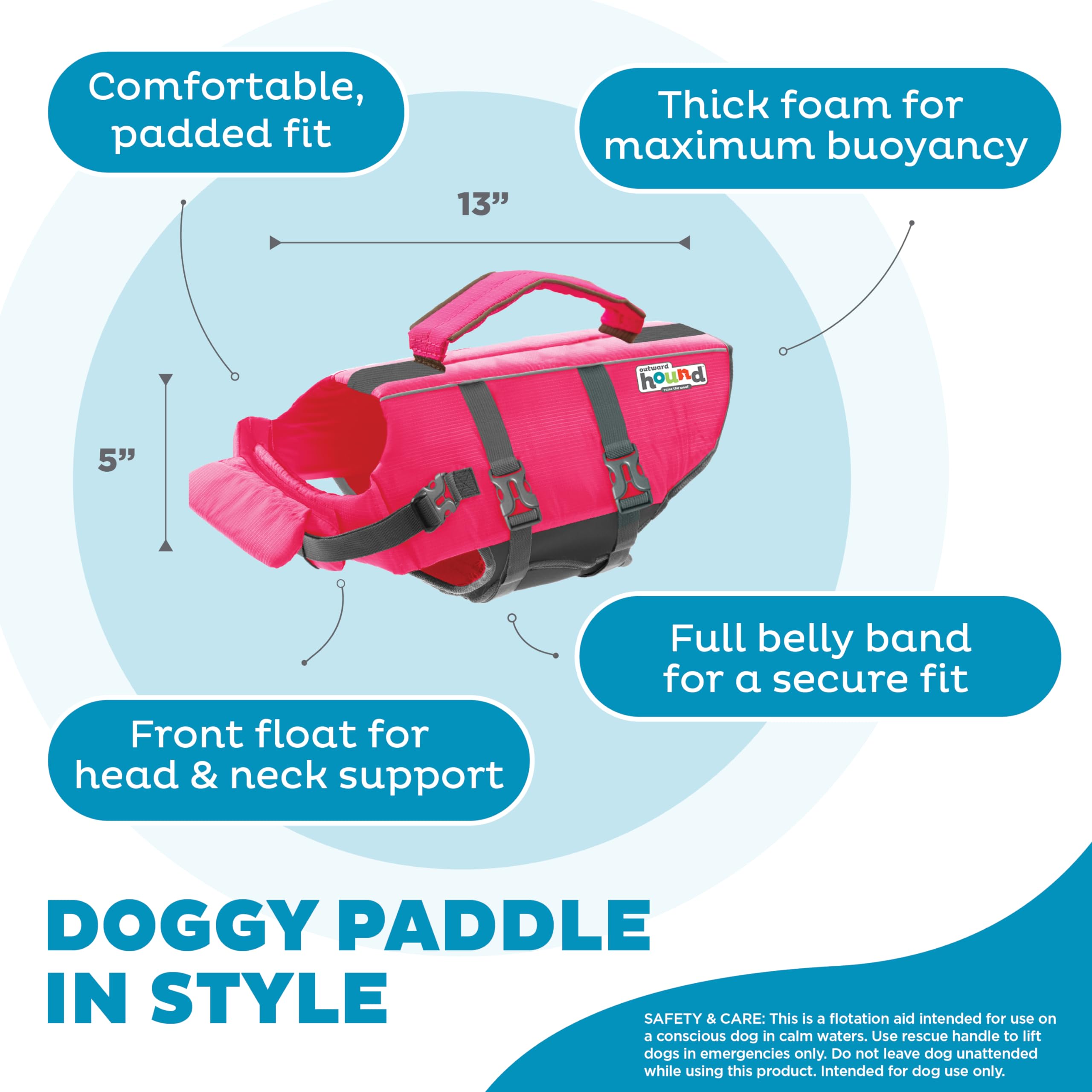 Outward Hound Granby Splash pink life vest top rescue handle for lifting your dog.