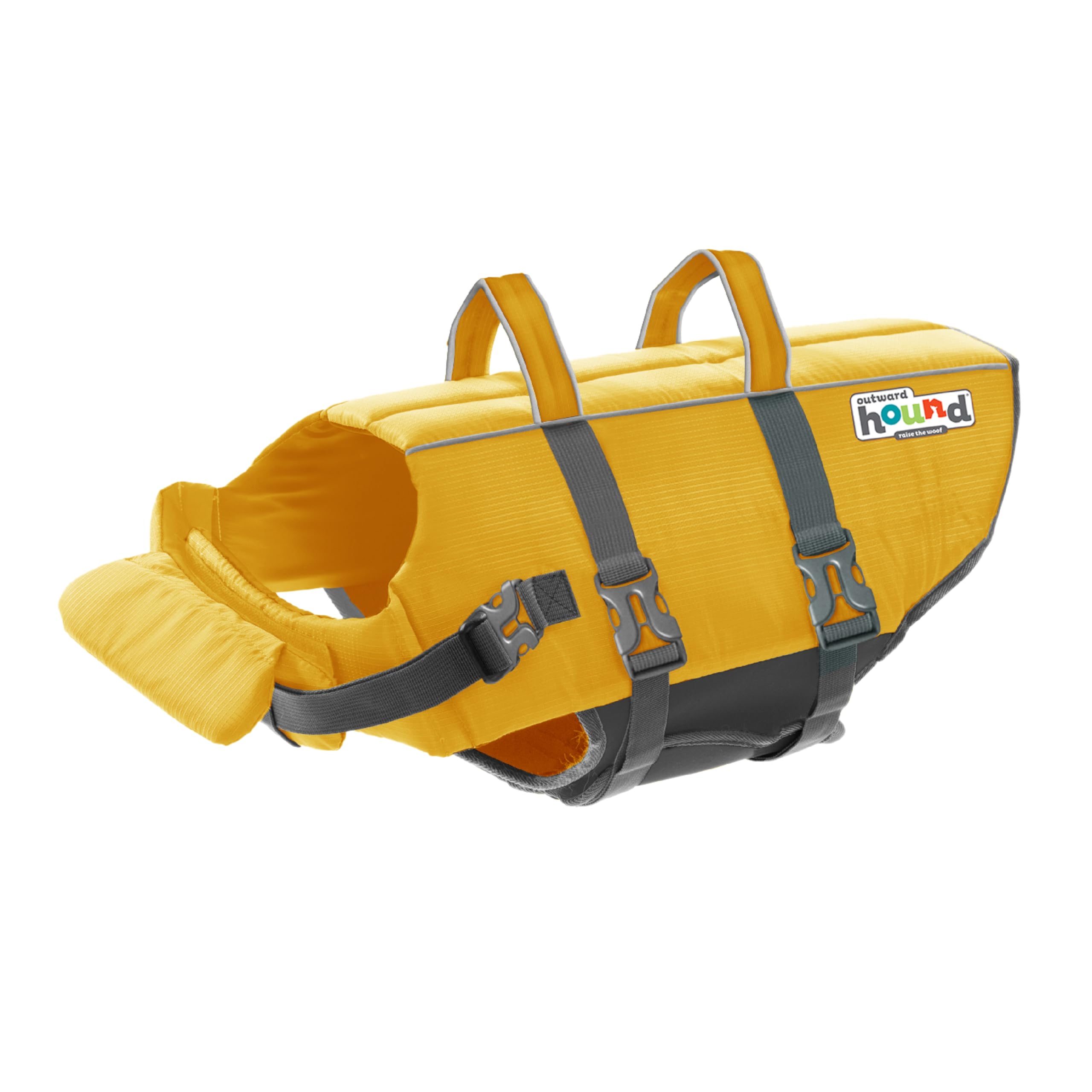 Outward Hound Granby Splash Yellow life jacket front view with buoyant float and visibility