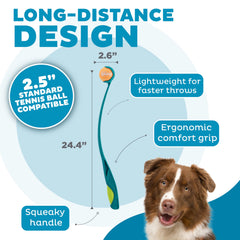 Dog enjoys a long-distance fetch with the launcher outdoors.