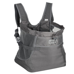 Outward Hound PupPak front carrier worn by a person, secure for small dogs.