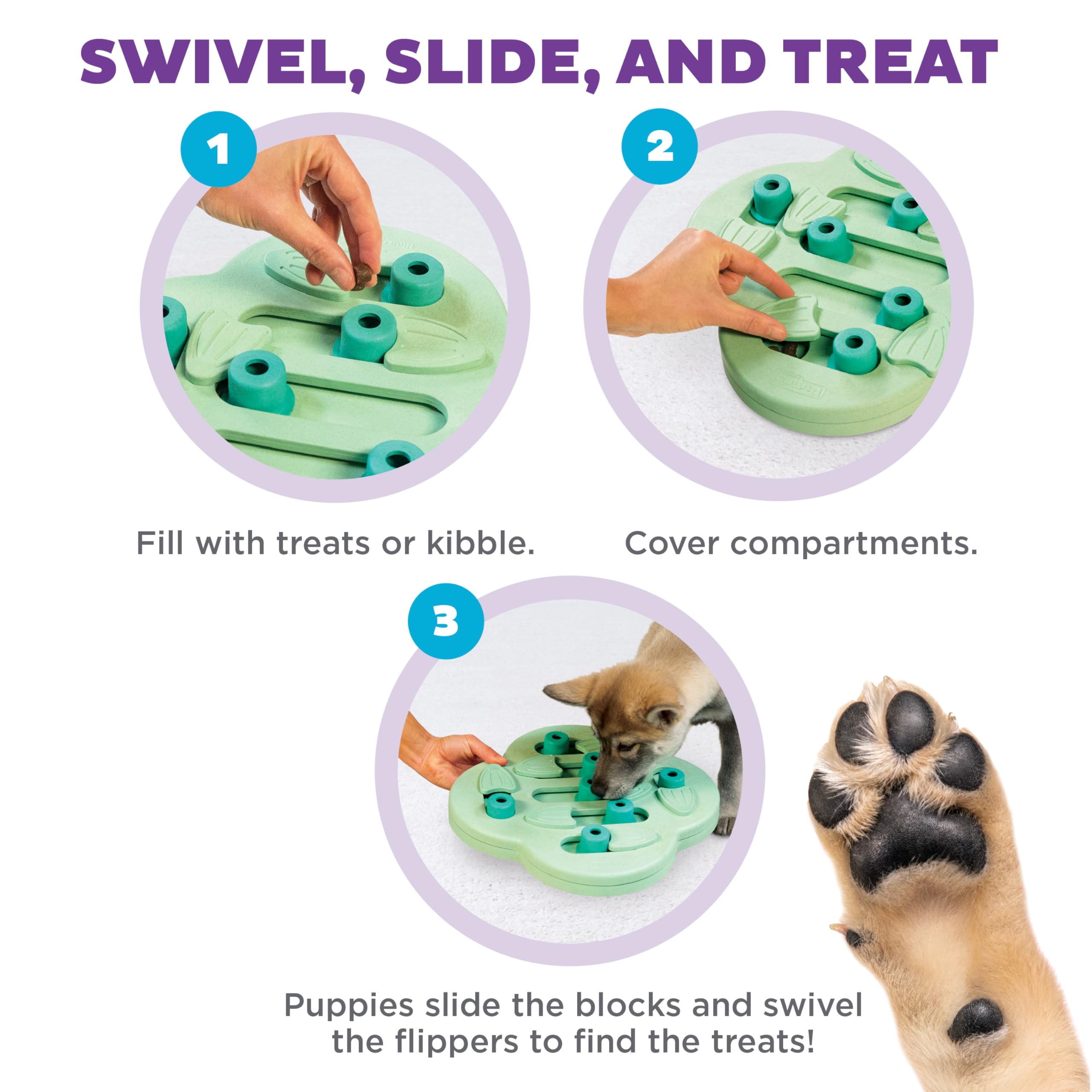 Outward Hound Nina Ottosson Puppy Hide N' Slide puzzle in action with dog.