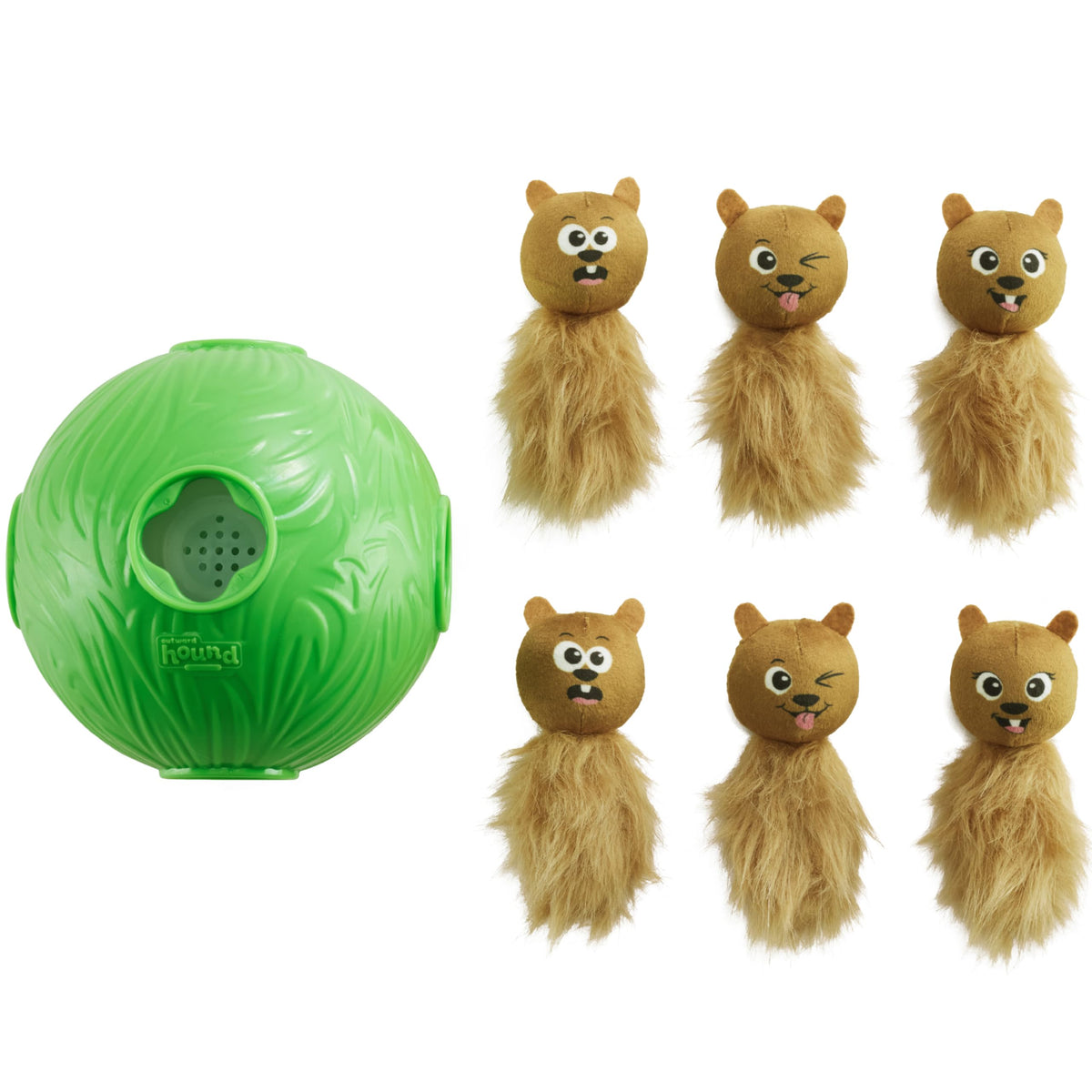 Outward Hound Snuffle N' Treat Ball Level 2 green front view promotes mental stimulation during play