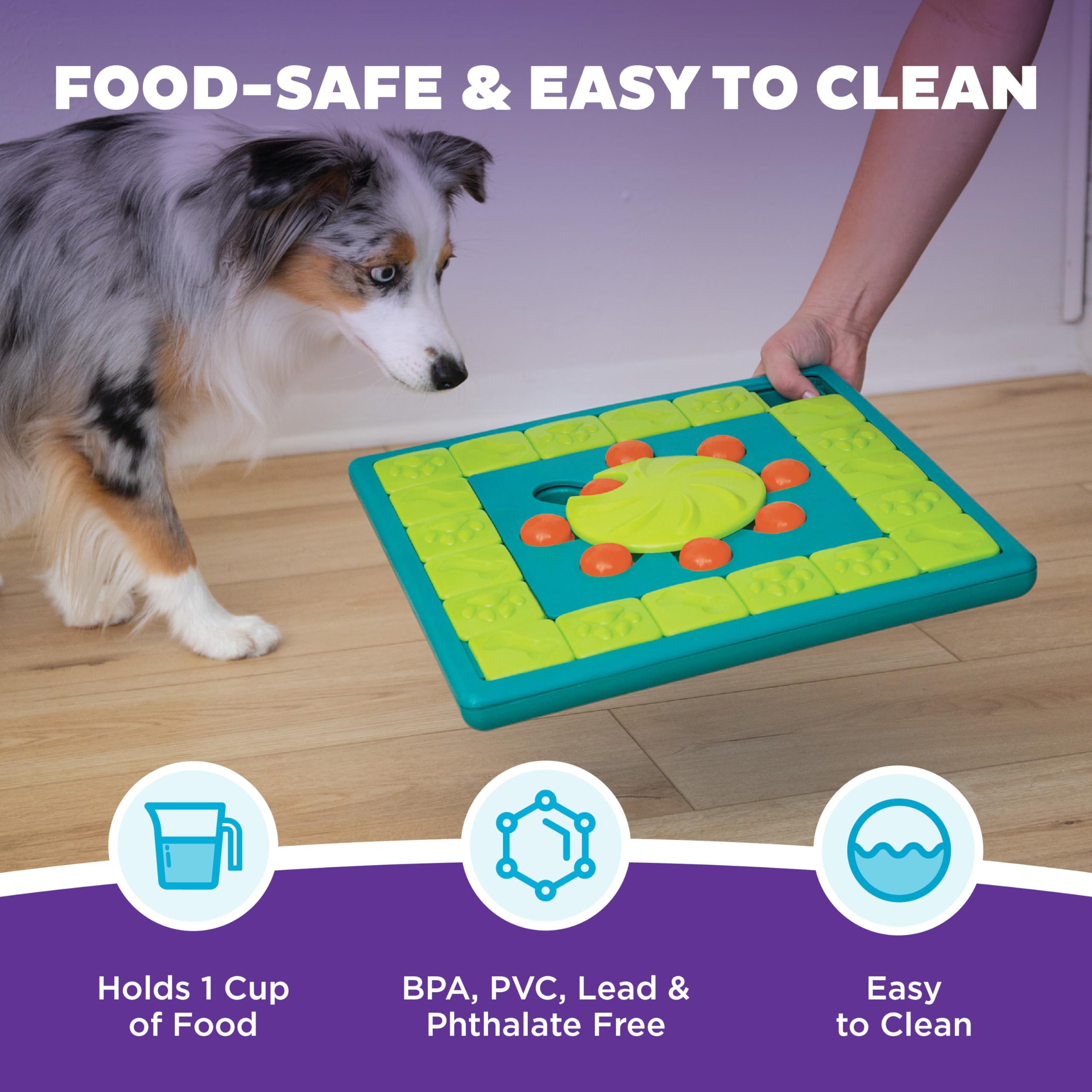 Outward Hound Multipuzzle treat-reveal action keeps dogs engaged and focused.