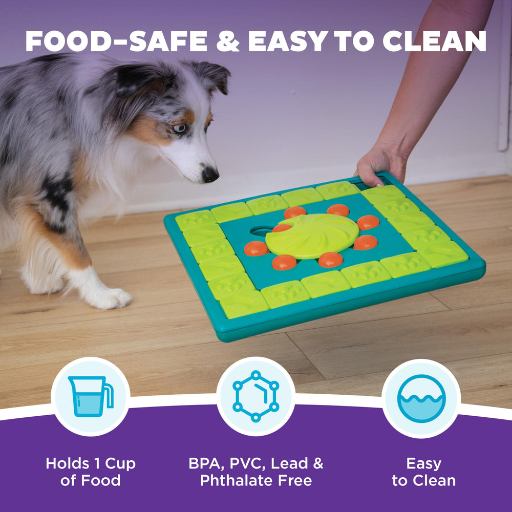 Outward Hound Multipuzzle treat-reveal action keeps dogs engaged and focused.