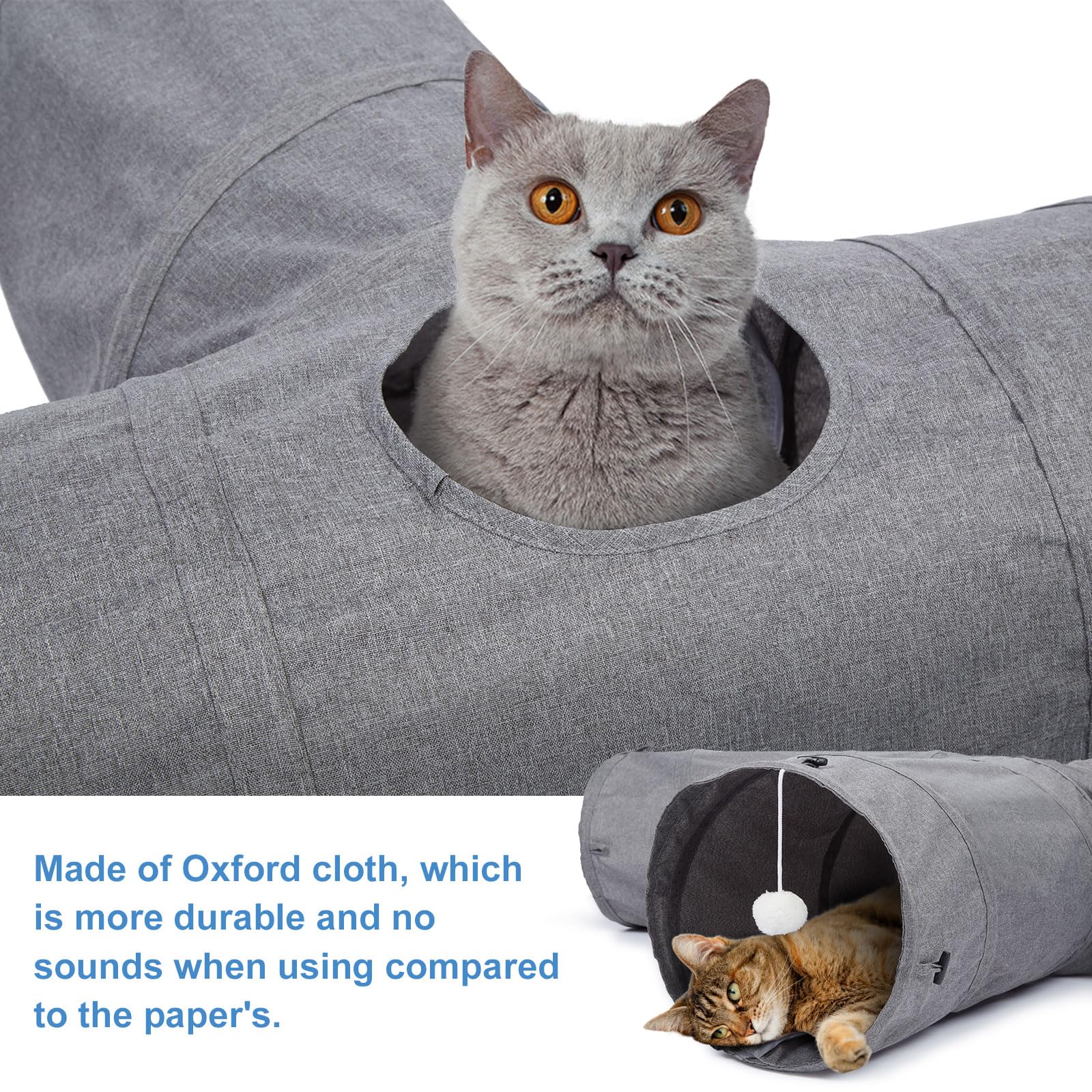 Ownpets cat tunnel features feather toy and drop ball for curiosity.